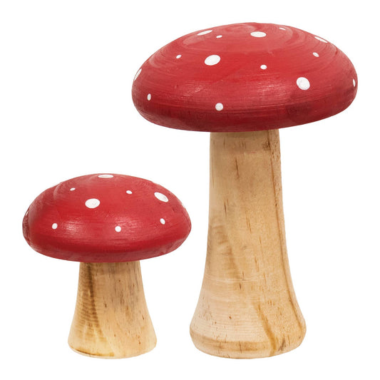 2/Set - White Dotted Red Wooden Mushrooms