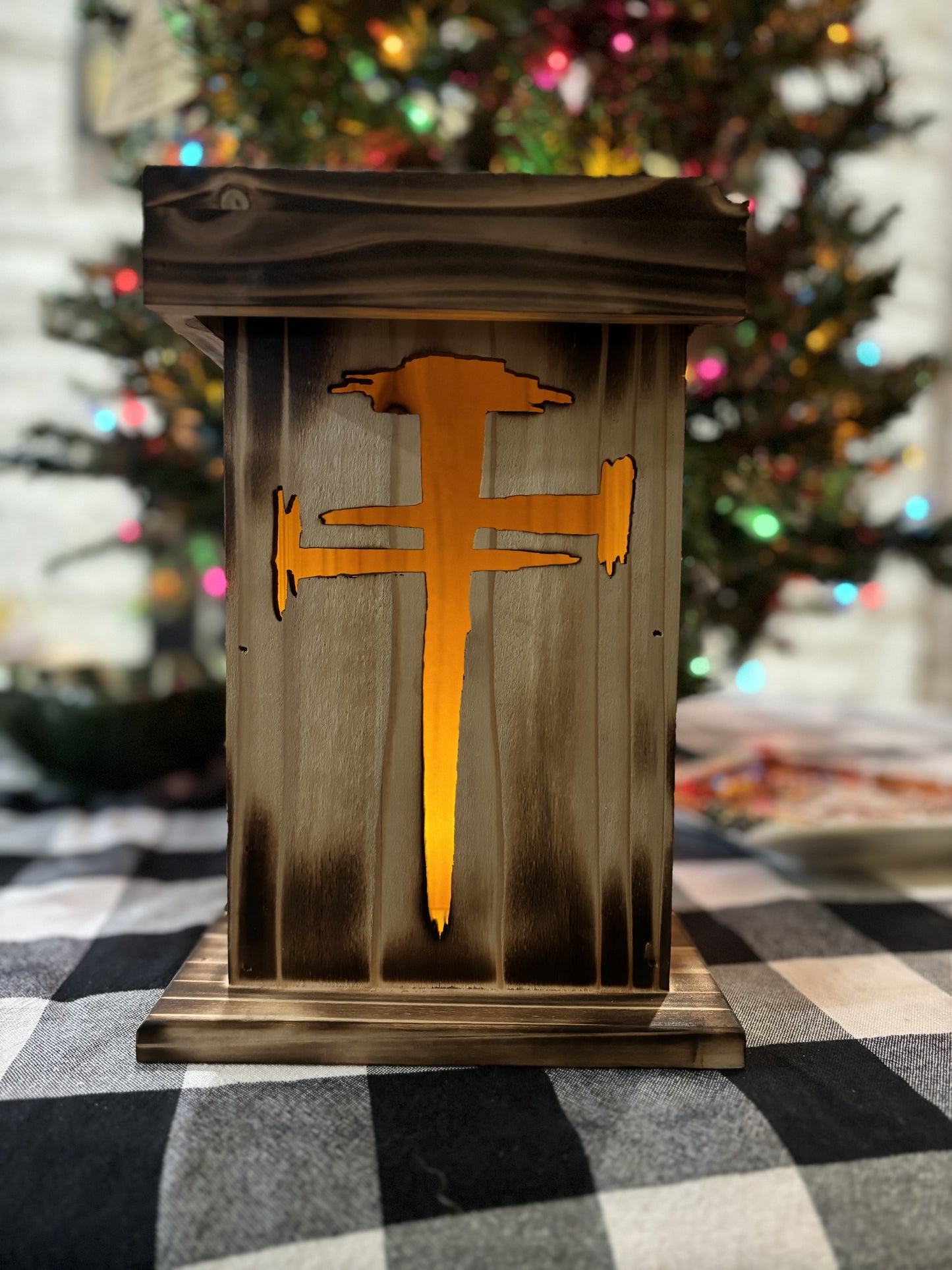 Cross Wooden Lantern - Nails- Burnt finish