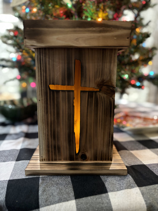 Cross Wooden Lantern - Burnt Finish