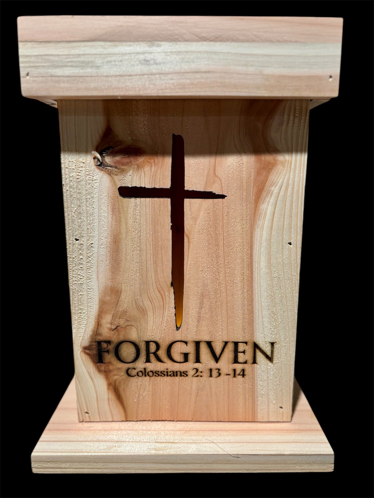 Handcrafted Cedar Lantern with Cross and "Forgiven" Colossians 2:13-14 Design